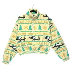 Peanuts Winter Snoopy Woodstock Cropped Fleece Pullover Women's Sz M Christmas